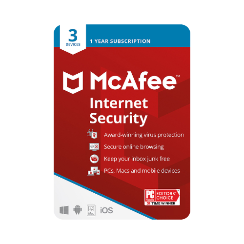 McAfee Internet Security Antivirus Protection for Three Devices One Year